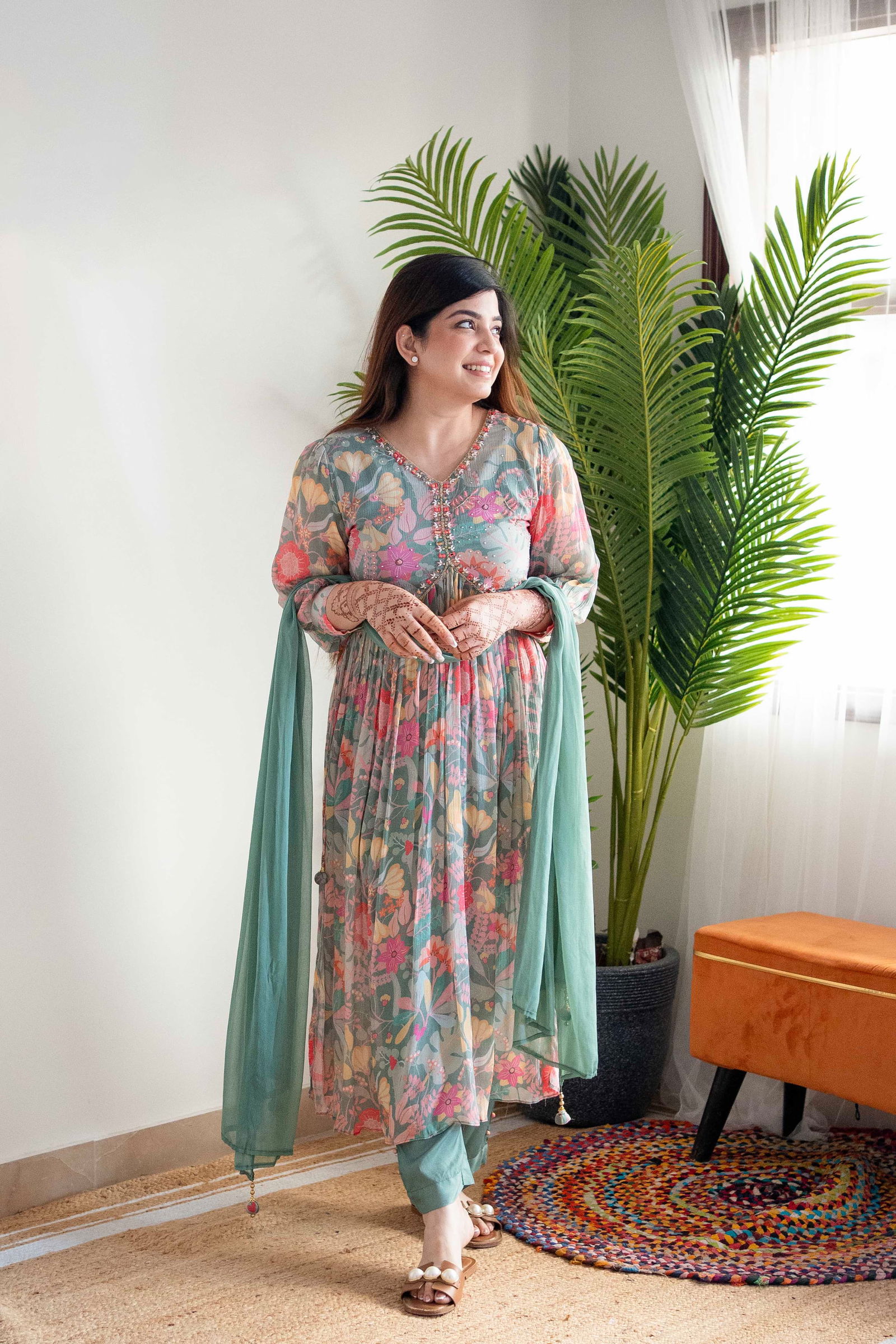 Mehera Green Floral Alia Cut Kurti With Bottom Catalog